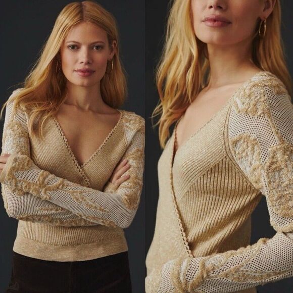 Anthropologie Sweater Lace Sleeves Faux Wrap Beige Boho Romantic small - Picture 1 of 10